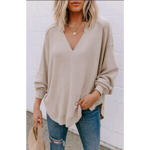 Free People We The Free Owen Waffle Knit Thermal Top Oversized M Beige Casual